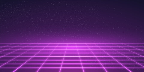 Neon purple grid background. Pink digital game pattern. Abstract futuristic vector illustration. Magenta wireframe perspective backdrop.