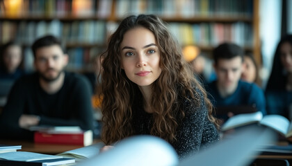 small group of diverse students attentively listening in library setting, surrounded by books and focused on learning. atmosphere is calm and studious