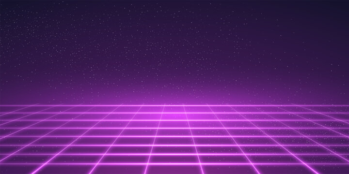 Neon purple grid background. Pink digital game pattern. Abstract futuristic vector illustration. Magenta wireframe perspective backdrop.