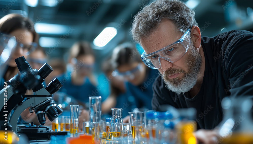 Poster focused scientist wearing safety goggles examines test tubes in laboratory, surrounded by students o