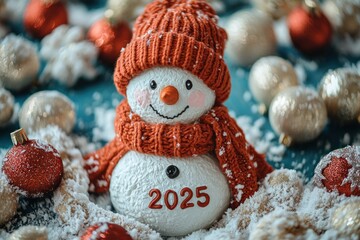 Obraz premium Cheerful Snowman in Red Hat and Scarf with 2025 Sign Amid Snowy Holiday Decor Generative AI