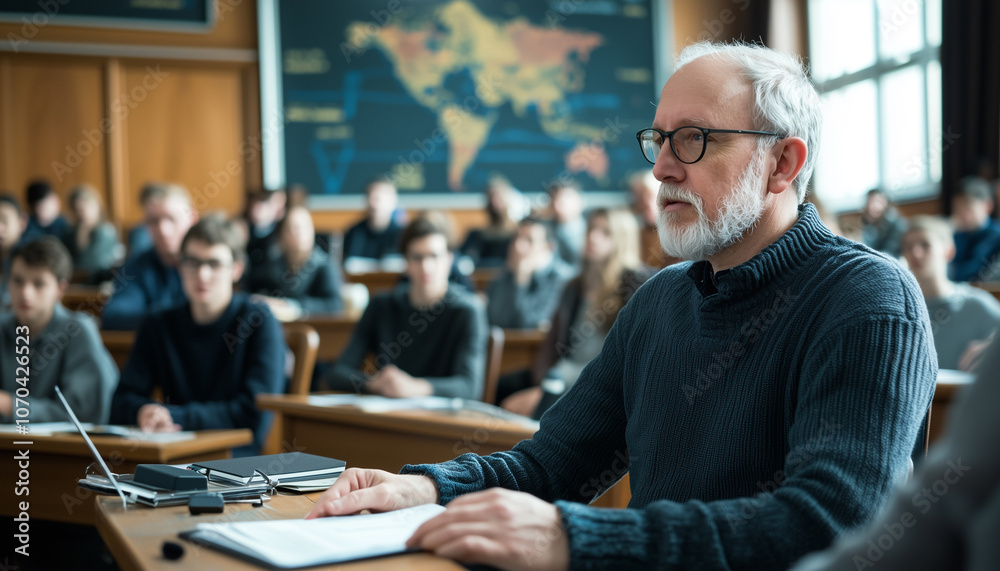 Fototapete group of students attentively listens to lecture in classroom setting, with focus on mature man in foreground. world map is visible in background, adding educational atmosphere
