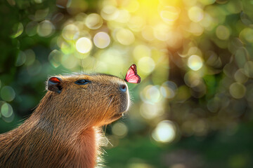 Capybara is looking at butterfly on its nose. Magic bokeh background.