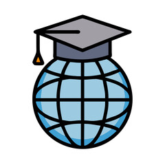 Globe with graduation cap icon for global education


