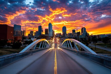 Fototapeta premium A skyline of a modern city at sunset, with skyscrapers reflecting the orange and pink hues of the sky