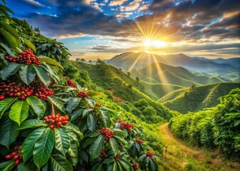 Fototapeta premium Lush green slopes embrace vibrant Arabica coffee beans under the Thai sun.