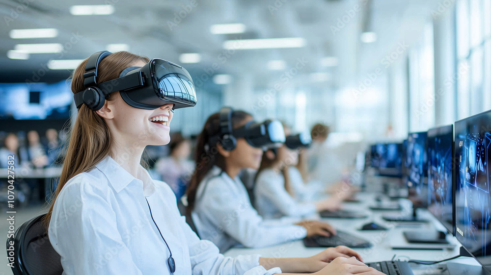 Poster students and teacher engage in virtual reality experience in modern classroom, using vr headsets and