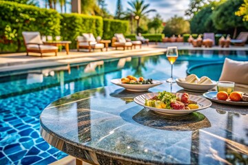 Luxury poolside dining: marble table, lounge chairs, and gourmet food photography.