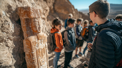 group of students and teacher explore ancient historical site, examining carved stone statue under bright sun