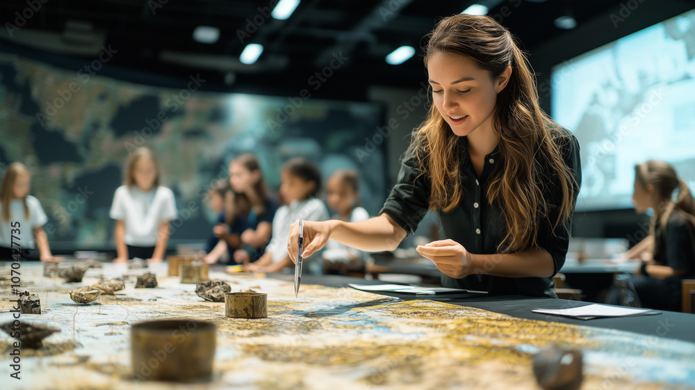 Aufkleber teacher enthusiastically conducts history lesson using large map, engaging students in interactive classroom setting. atmosphere is lively and educational