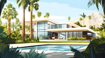 Exquisite modern villa with sleek lines, vast windows, and lush greenery, nestled among majestic palm trees in a serene landscape. Majestic. Illustration
