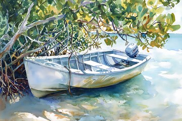 Watercolor Painting of a Boat Under a Tree Canopy.