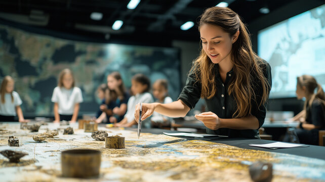 teacher enthusiastically conducts history lesson using large map, engaging students in interactive classroom setting. atmosphere is lively and educational