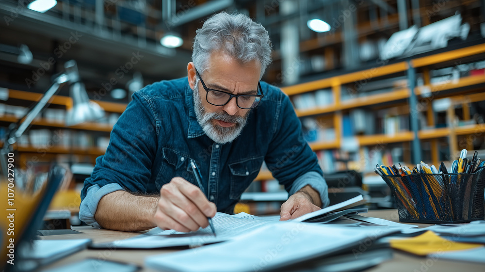 Poster focused man with glasses works intently at desk in library, surrounded by books and papers, creating