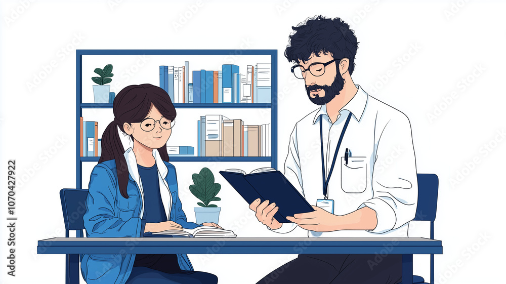Aufkleber teacher guides student through challenging reading task in library setting, fostering learning and understanding. scene is calm and focused, with books and plants in background