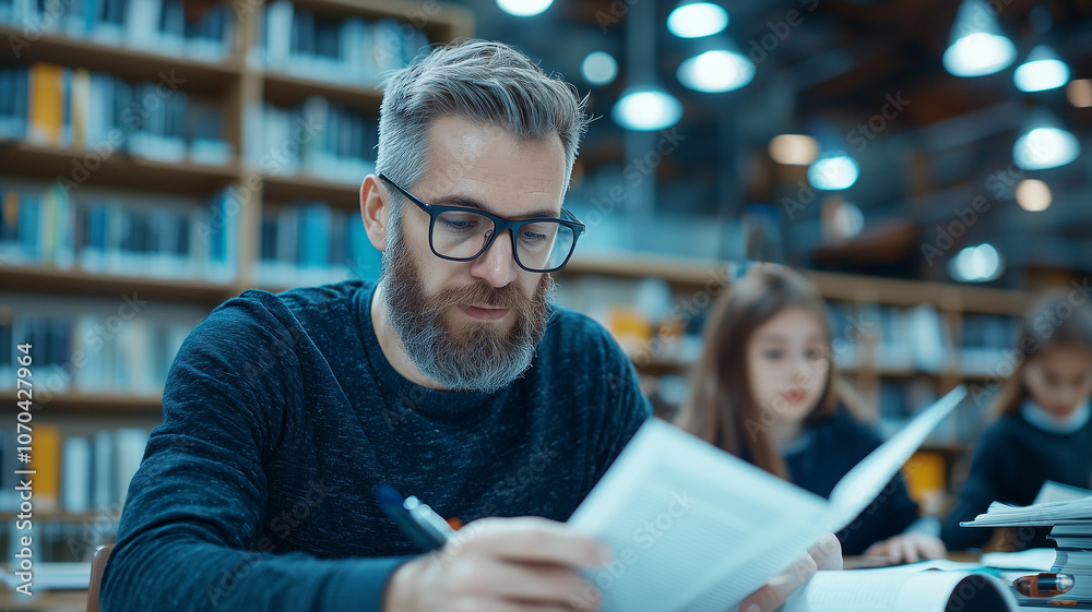 Poster focused man with glasses reading book in library, surrounded by students. atmosphere is studious and