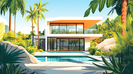 Fototapeta premium Exquisite modern villa with sleek lines, vast windows, and lush greenery, nestled among majestic palm trees in a serene landscape. Majestic. Illustration