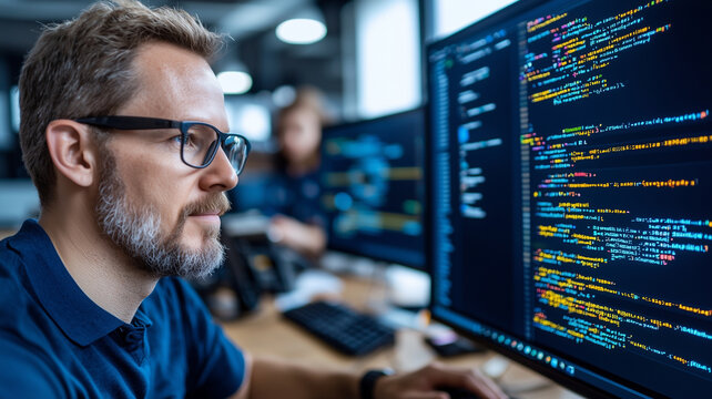 focused man with glasses works on computer coding in modern office, surrounded by screens displaying colorful code. environment is professional and tech oriented