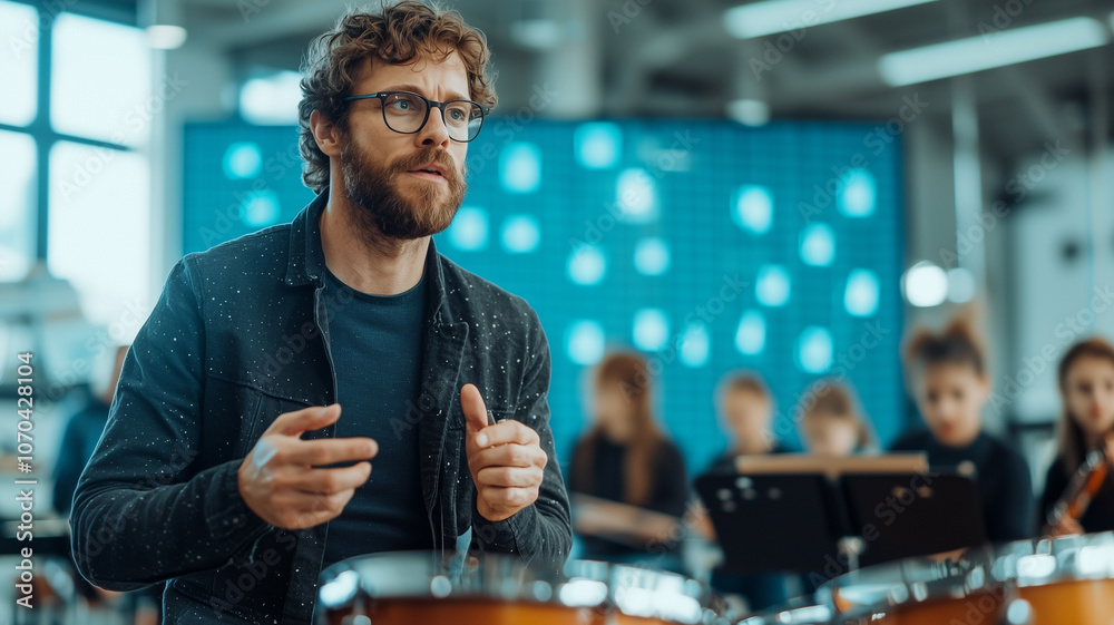Poster teacher passionately leads music class with students playing instruments in bright classroom