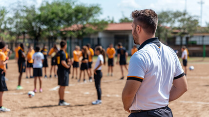 teacher leads physical education class outdoors, with students gathered in circle on sunny day