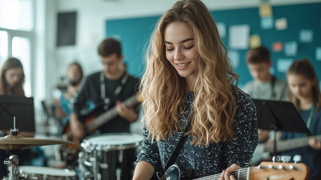 young woman joyfully plays guitar in lively music class, surrounded by students engaged with various instruments, creating vibrant and collaborative atmosphere