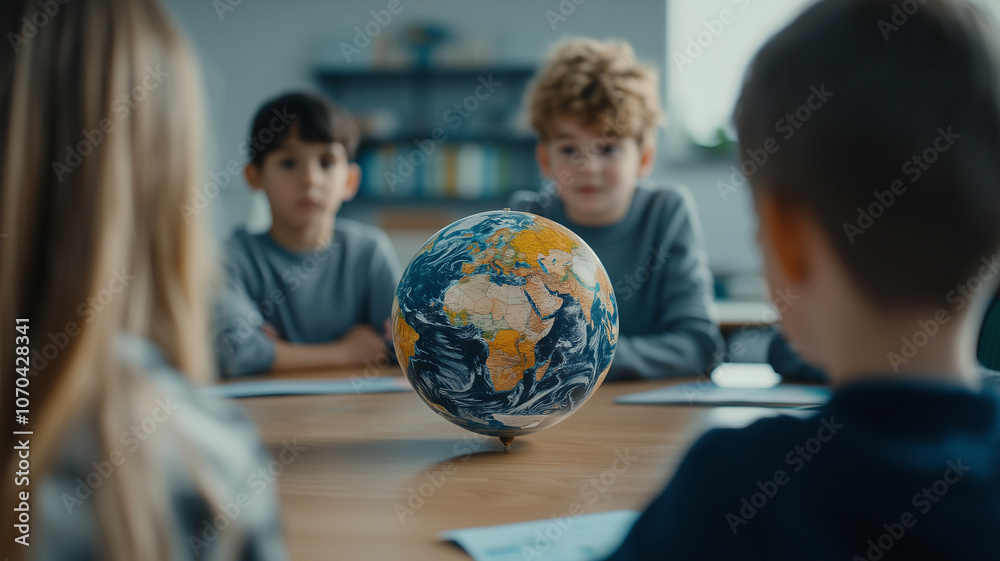 Poster teacher uses globe to explain geography to attentive children in classroom setting, fostering curios
