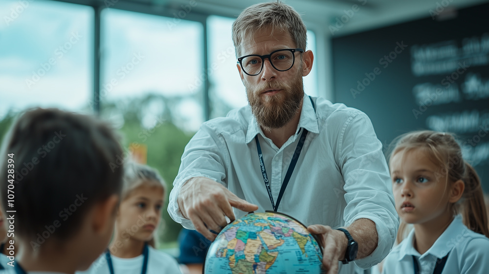 Poster teacher uses globe to explain geography to attentive students in classroom setting, fostering curiosity and learning