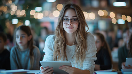 teacher using digital tablet to engage small group of students in cozy classroom setting, with warm lighting and focused expressions