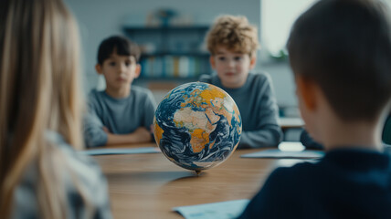 teacher uses globe to explain geography to attentive children in classroom setting, fostering curiosity and learning