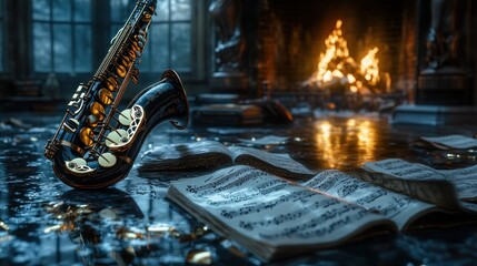 Saxophone on Music Sheet with Fireplace in Background