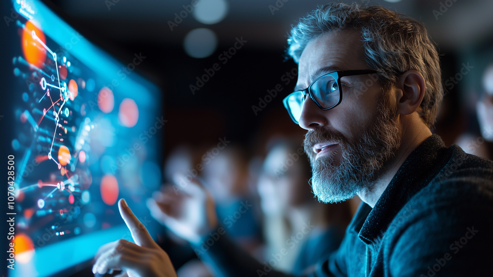 Poster man with glasses interacts with large digital screen displaying complex data and graphics in dimly lit room, suggesting focus on technology and analysis