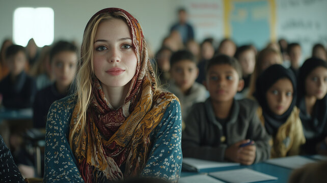 teacher in classroom uses sign language to communicate with attentive students, fostering inclusive learning environment