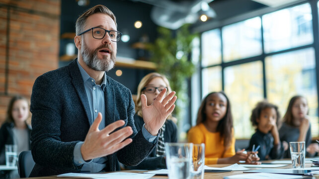 teacher using sign language to communicate with diverse group of students in modern classroom setting, fostering inclusive learning environment - Powered by Adobe