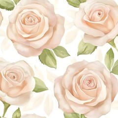 A seamless pattern featuring soft pink roses and green leaves on a white background.