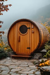 Naklejka premium Wooden, Barrel Sauna Nestled into a Tranquil Nature Setting, Wellness and Relaxation Retreat
