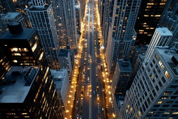 Fototapeta premium An ultra-realistic view of a city at dusk with skyscrapers, reflections in the windows, and detailed textures of streets