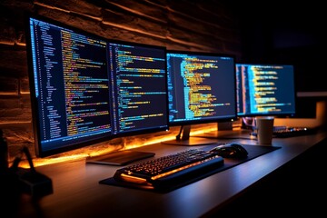 Background of a computer coding setup with multiple screens displaying lines of code