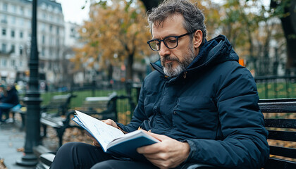 man with glasses sits on park bench sketching in notebook, surrounded by autumn trees and urban scenery, creating peaceful and focused atmosphere
