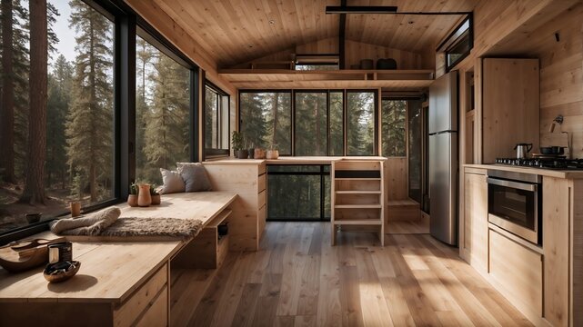light-flooded tiny house interior in an rural forest. Generative AI.
