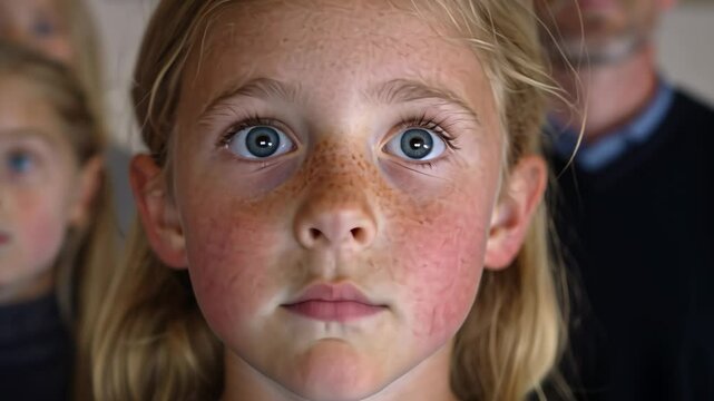 Young girl with freckles and big blue eyes looking at the camera, child, kid, face, portrait, portrait photography