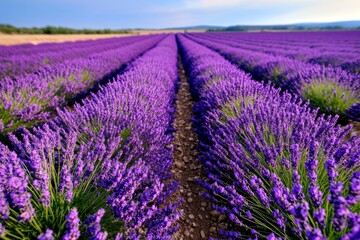 Background of a lavender field in full bloom, with a soft purple haze under a summer sky