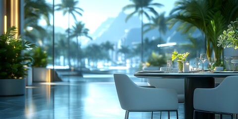 Fototapeta premium A serene dining area with elegant decor and a tropical view.