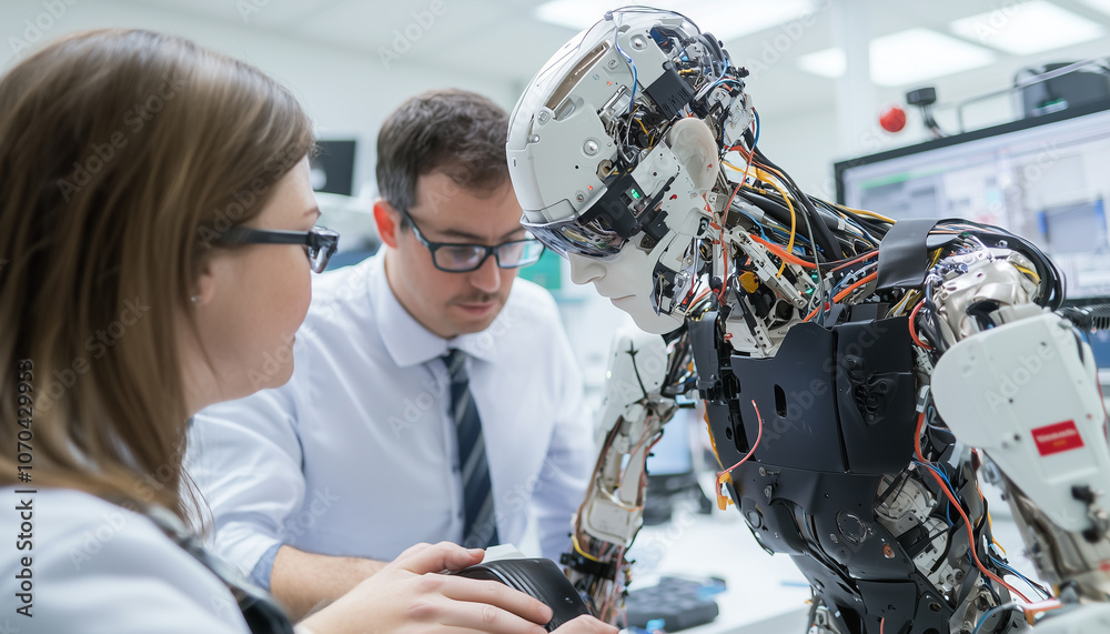 Poster Engineers collaborate to fine tune humanoid robot in high tech lab, focusing on its intricate wiring and components. atmosphere is innovative and focused