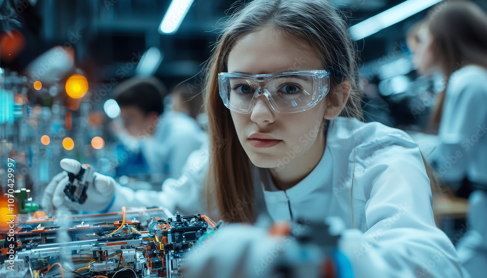 Poster focused student wearing safety goggles works on robotics project in lab, surrounded by technology an