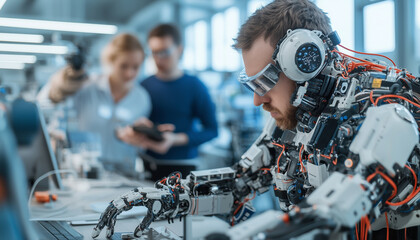 team of engineers collaborates to fine tune humanoid robot in modern lab. focus is on intricate wiring and advanced technology, showcasing innovation and teamwork