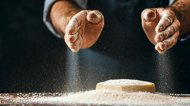 Hands Dusting Flour Over Dough, baking, baking ingredients, baker, pastry, bread
