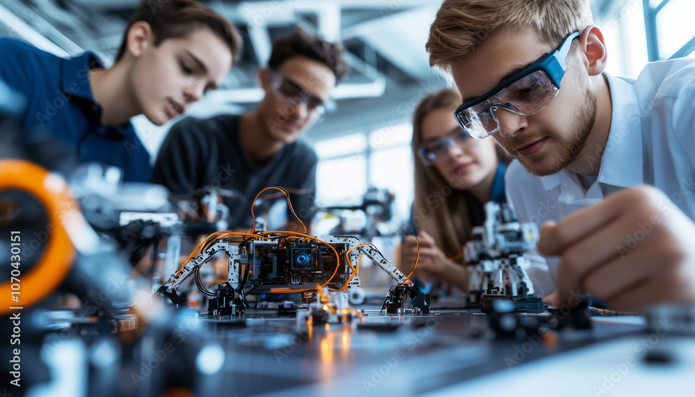 Aufkleber diverse group of students enthusiastically participates in robotics workshop, focusing on assembling and programming robots. They wear safety goggles and work collaboratively in modern classroom