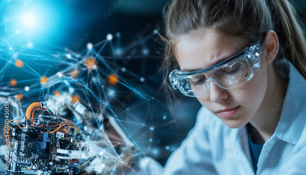 Aufkleber focused student wearing safety goggles works on complex robotics project, surrounded by digital network graphics, showcasing innovation and technology in education