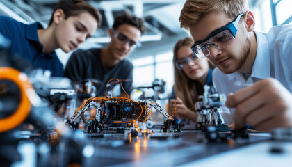 diverse group of students enthusiastically participates in robotics workshop, focusing on assembling and programming robots. They wear safety goggles and work collaboratively in modern classroom