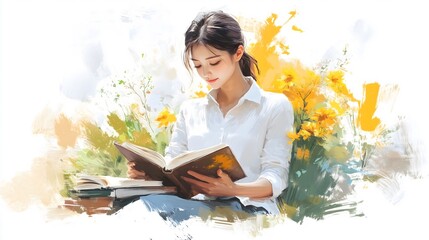Young Woman Reading Book in Watercolor Style Digital Art Illustration_6